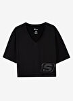 Skechers S221174-001 Shiny Logo Siyah V Yaka Cropped Fit T-Shirt