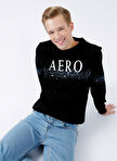 Aeropostale Bisiklet Yaka Standart Kalıp Baskılı Siyah Erkek Şardonlu Sweatshirt E-HERO