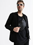 Black On Black Loose Fit Gömlek Yaka Düz Siyah Erkek Gömlek E-MALISE