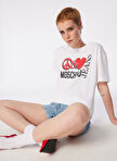 Moschino Jeans Yuvarlak Yaka Baskılı Beyaz Kadın T-Shirt 241K1J0709