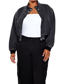 Plus Size Denim Bomber Ceket