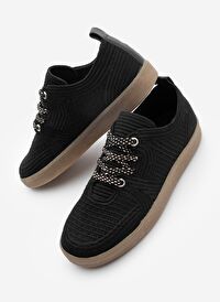 Kadın Sneaker İşlemeli Nakışlı Renkli Bağcıklı Spor Ayakkabı Valgin Siyah