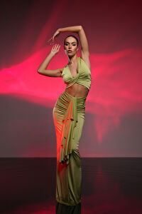 Yeşil Cut Out Detaylı Maxi Elbise