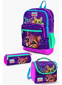 Coral High Kids Mor Pembe Kedi Desenli 3’lü Okul Çanta Seti