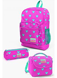 Coral High Kids Neon Pembe Su Yeşili Kalp Desenli 3’lü Okul Çanta Seti - Kız Çocuk