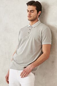 Erkek GRI-GRI Slim Fit Dar Kesim Kıvrılmaz Polo Yaka Kısa Kollu Tişört