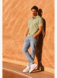 Erkek Yeşil Slim Fit Dar Kesim Kıvrılmaz Polo Yaka Kısa Kollu Tişört