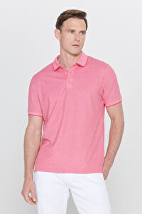 Erkek Fuşya-Beyaz Slim Fit Dar Kesim Kıvrılmaz Polo Yaka Kısa Kollu Tişört