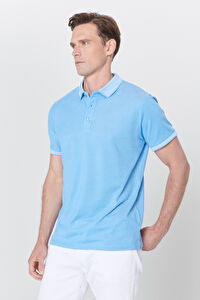 Erkek Saks-Beyaz Slim Fit Dar Kesim Kıvrılmaz Polo Yaka Kısa Kollu Tişört