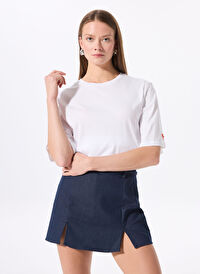 Fabrika Beyaz Kadın Bisiklet Yaka Oversize T-Shirt DANTITA