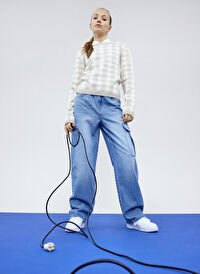 Lmtd Mavi Kız Çocuk Bol Paça Bol Kesim Düz Denim Pantolon NLFCARGIZZA DNM ST PANT W. POCKET D  
