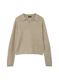 Lmtd O Yaka Düz Bej Kız Çocuk Yün Kazak NLFNOLLEN LS SHORT KNIT W. POLO COL