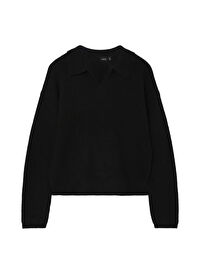 Lmtd O Yaka Düz Siyah Kız Çocuk Yün Kazak NLFNOLLEN LS SHORT KNIT W. POLO COL