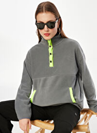 People By Fabrika Çıtçıtlı Yaka Düz Gri Kadın Sweatshırt FW23-POLAR-04