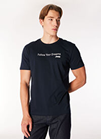 Lacivert Erkek Bisiklet Yaka Relaxed Fit Baskılı Pamuk T-Shirt J4WM-TST7217  