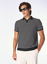 E 4.0 Design Studio x Fabrika Beyaz - Siyah Erkek Basic Çizgili Polo T-Shirt F4SM-TST F30 