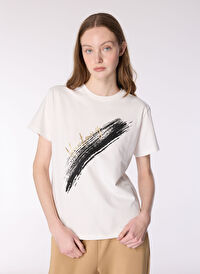 Mustang Ekru Kadın Relaxed Varaklı T-Shirt M4WL-TST-1963