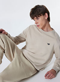 Mustang Bej Erkek Bisiklet Basic Düz Sweatshirt M4WM-SWT-1982 