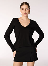 People By Fabrika V Yaka Basic Fit Siyah Kadın Kazak PBF4WL-KZK5014