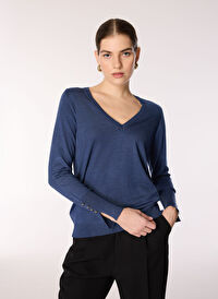 People By Fabrika İndigo Kadın V Yaka Basic Kazak PBF4WL-KZK5014