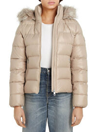 Tommy Hilfiger Bej Kadın Dik Yaka Standart Fit Puffer Mont GLOSS DOWN TYRA JKT WITH FUR