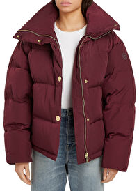 Tommy Hilfiger Bordo Kadın Dik Yaka Standart Fit Puffer Mont GOLD BUTTON DOWN JACKET