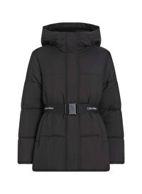 Calvin Klein Jeans Siyah Kadın Dik Yaka Standart Fit Puffer Mont LOGO BELT SHORT PUFFER