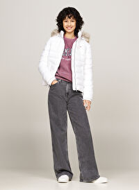 Tommy Jeans Beyaz Kadın Dik Yaka Standart Fit Puffer Mont TJW BASIC HOODED DOWN JACKET EXT
