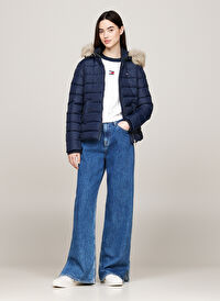 Tommy Jeans Lacivert Kadın Dik Yaka Standart Fit Puffer Mont TJW BASIC HOODED DOWN JACKET EXT