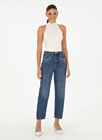 Mom Fit Taşlı İndigo Kadın Denim Pantolon FELIS