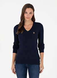 U.S. Polo Assn. V Yaka Slim Fit Lacivert Kadın Kazak TK03-BSK24