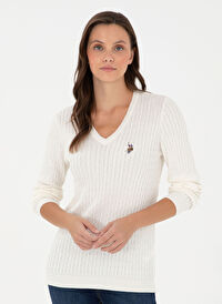 U.S. Polo Assn. Ekru Kadın V Slim Fit Kazak TK03-BSK24 