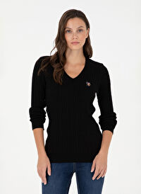 U.S. Polo Assn. Siyah Kadın V Slim Fit Kazak TK03-BSK24 