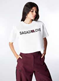 Sagaza For Boyner Beyaz Kadın Crop Baskılı T-Shirt SGZB143 