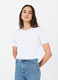 Guess Beyaz Kadın Yuvarlak Standart Baskılı Kazak JASMINE G CN SS BOXY - VISCOSE NYLO