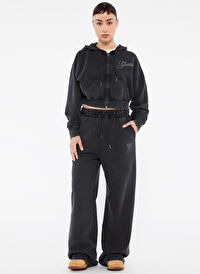 Guess Siyah Kadın Standart Sweatshirt GO RHINESTONE CROP H - ORGANIC COTT
