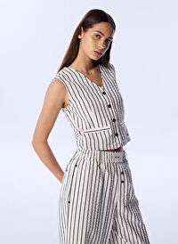 Twist Ekru Kadın Slim Fit Çizgili Yelek TS1250007034