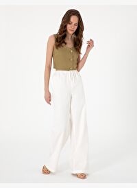Beyaz Yüksek Bel Loose Fit Pantolon
