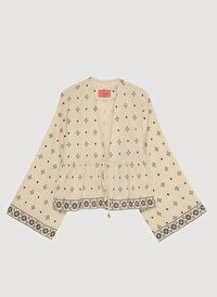 Pile Detaylı Etnik Desenli Bağlamalı Kısa Kimono Naturel