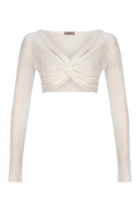 Mykonos V Yaka Önden Büzgülü Crop Top Beyaz