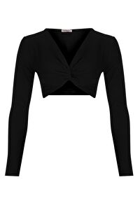 Mykonos Önden Büzgü Detaylı Crop Top Siyah