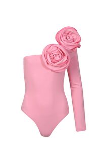 Elba Gül Detaylı Pembe Bodysuit