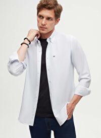 Ds Damat Slim Fit Açık Mavi Oxford Düğmeli Yaka Kolay Ütülenebilir Nakış Detaylı Pamuklu Gömlek