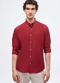 Ds Damat Slim Fit Bordo Oxford Düğmeli Yaka Kolay Ütülenebilir Nakış Detaylı Pamuklu Gömlek