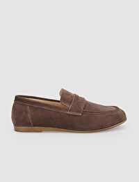 %100 Hakiki Deri Kahverengi Süet Kadın Loafer