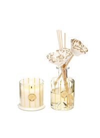 200 ml Gold Boyalı Cam Şişe Oud Vanilya Oda Kokusu ve Mum Seti