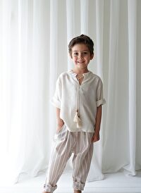 Linen Line Kahve Beyaz Çizgili Carrot Pantolon + Krem Keten İpli Gömlek