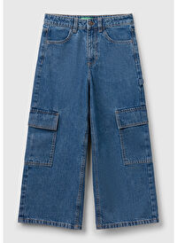 Kız Çocuk Denim Taş Yıkama Wide Fit Kargo Denim Pantolon