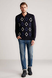 Baklava Desenli Polo Yaka Lambswool Lacivert Kazak