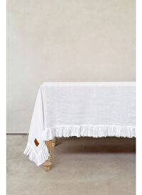 Frilled Linen Keten Masa Örtüsü Beyaz 150x250